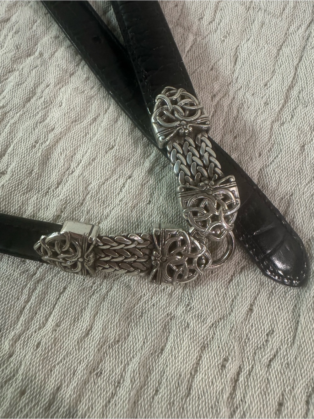 VTG Brighton Black Leather Belt Silver Celtic Scroll Link Mesh Accent Size M/30
